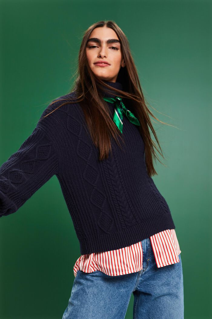 Pletený pulovr s copánkovým vzorem a s nízkým rolákem, NAVY, detail image number 0