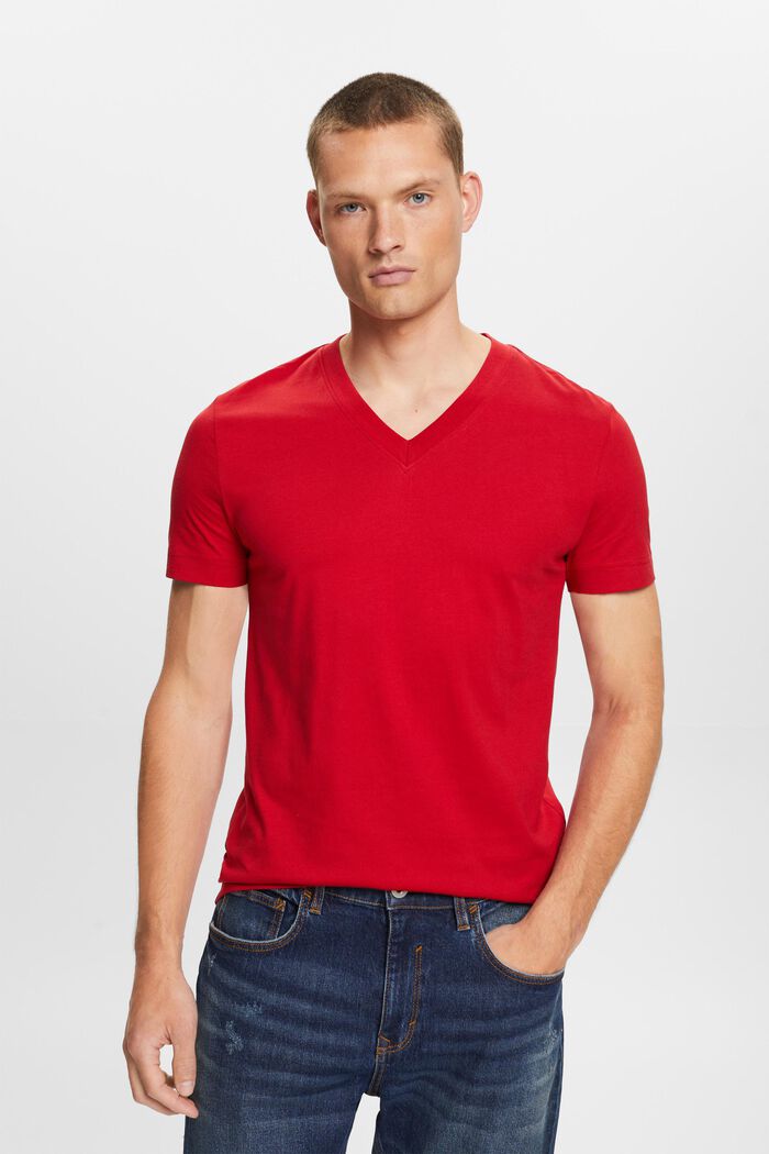 Žerzejové tričko se špičatým výstřihem, 100% bavlna, DARK RED, detail image number 0