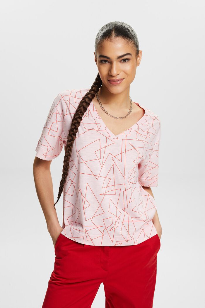 Potištěné bavlněné tričko se špičatým výstřihem, LIGHT PINK, detail image number 0
