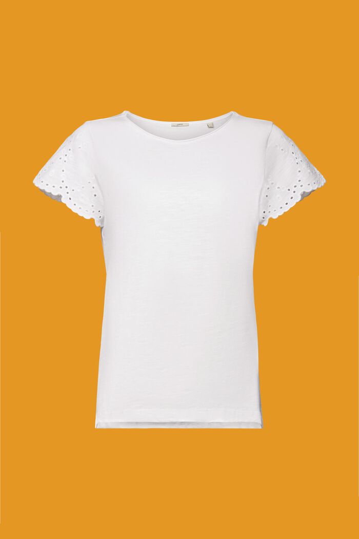 Bavlněné tričko s rukávy s dírkovanou výšivkou, WHITE, detail image number 5