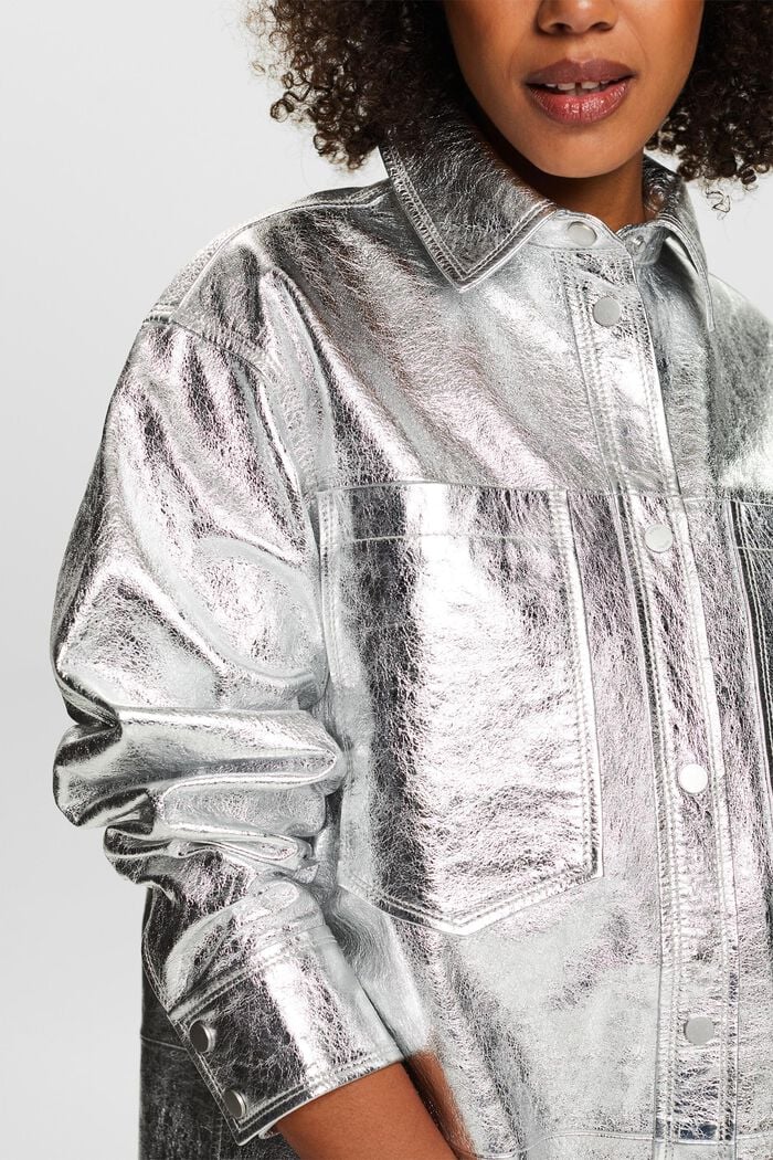 Metalická kožená bunda s povrchovou úpravou, SILVER, detail image number 3