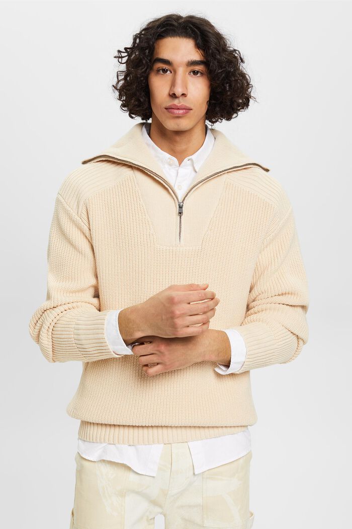 Pletený pulovr s polovičním zipem, LIGHT TAUPE, detail image number 0