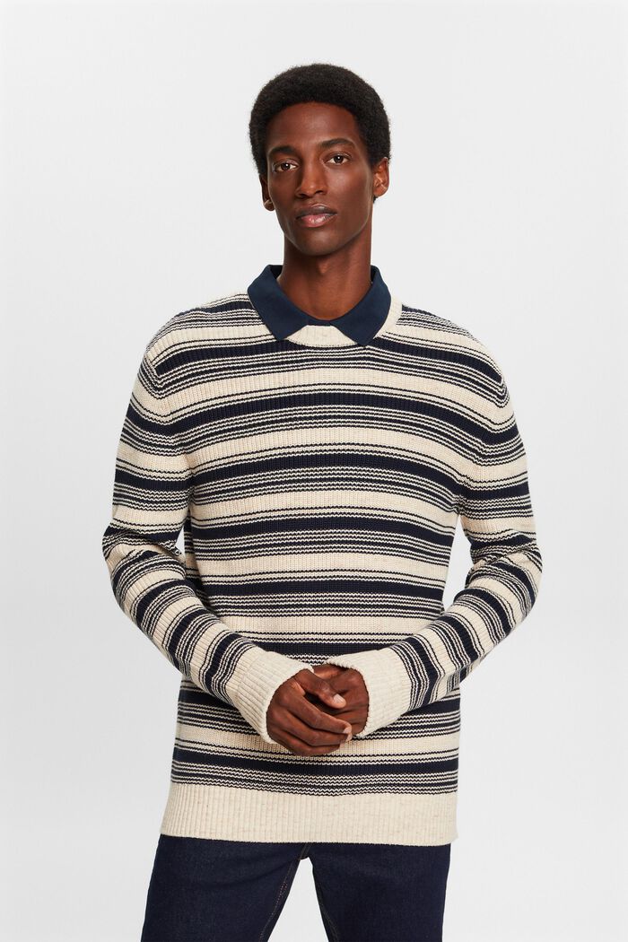 Pruhovaný pulovr s kulatým výstřihem, 100 % bavlna, NAVY, detail image number 1