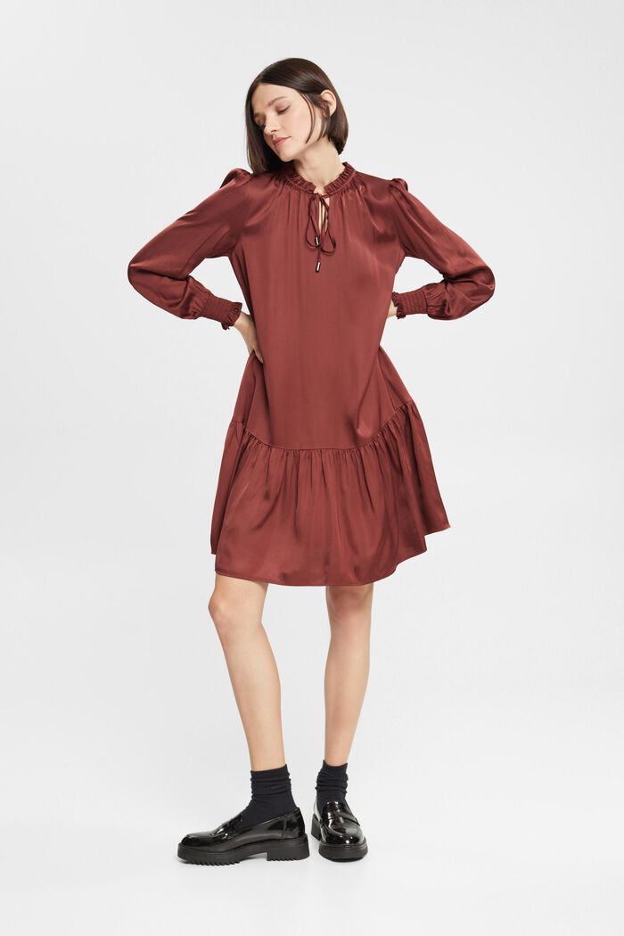Saténové šaty s nařaseným límcem, LENZING™ ECOVERO™, BORDEAUX RED, detail image number 1