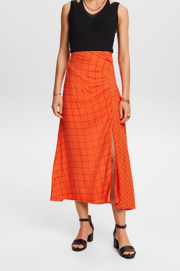 Nabíraná midi sukně s natištěným vzorem mřížky, BRIGHT ORANGE, detail image number 0