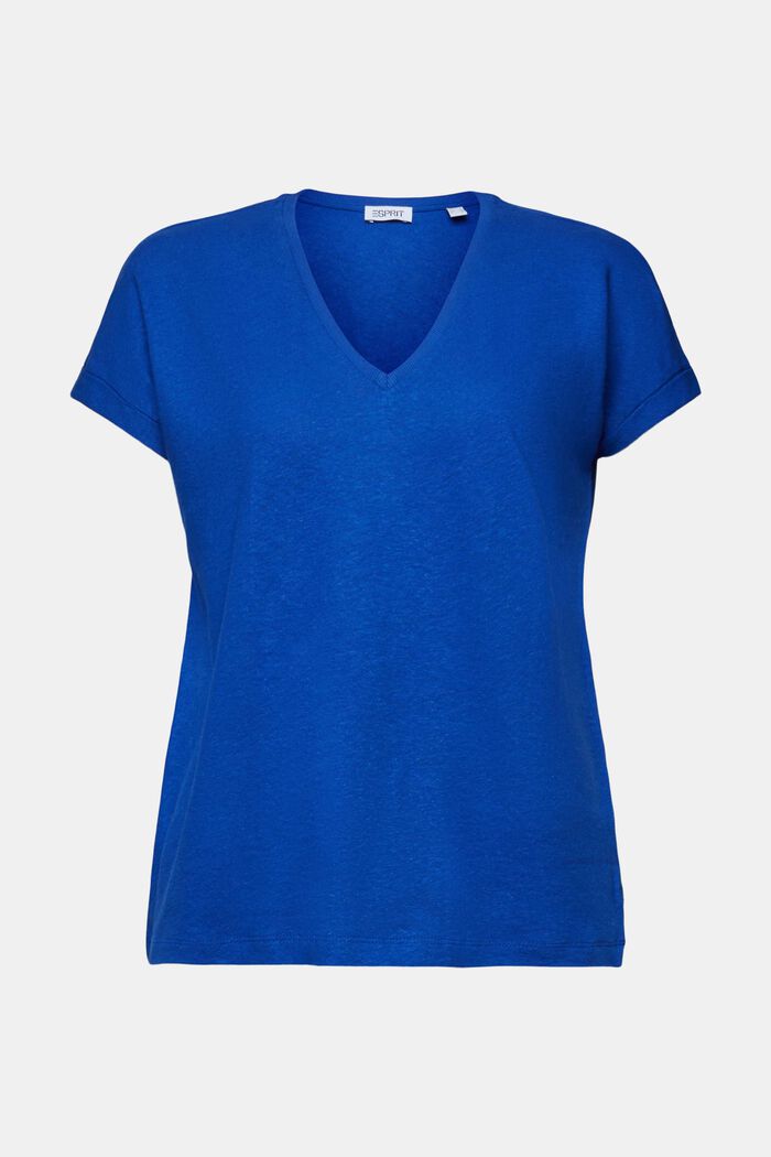 Tričko z bavlny a lnu se špičatým výstřihem, BRIGHT BLUE, detail image number 5