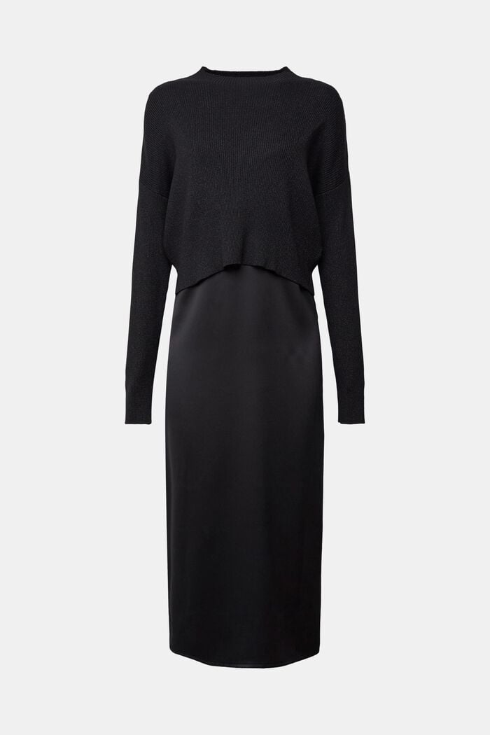 2 v 1: saténové šaty s žebrovým pulovrem, BLACK, overview