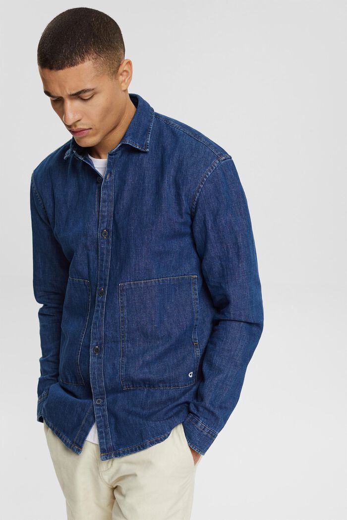 Se lnem: džínová košile s kapsami, BLUE MEDIUM WASHED, detail image number 0