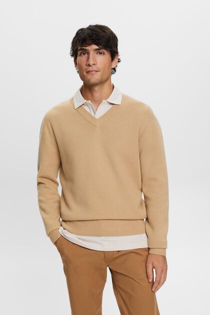 Basic pulovr se špičatým výstřihem, směs s vlnou