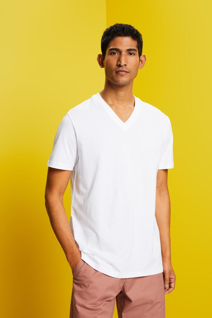 Tričko se špičatým výstřihem, z bavlny pima, WHITE, detail image number 0