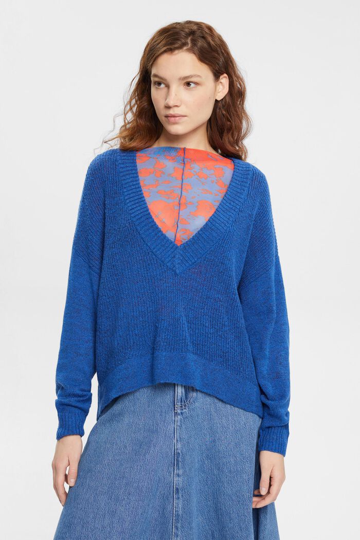 Vlněná směs: pulovr se špičatým výstřihem, BLUE, detail image number 1