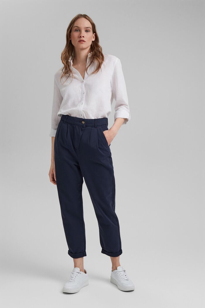 Kalhoty chino kalhoty s vysokým pasem, 100% pima bavlna, NAVY, detail image number 5