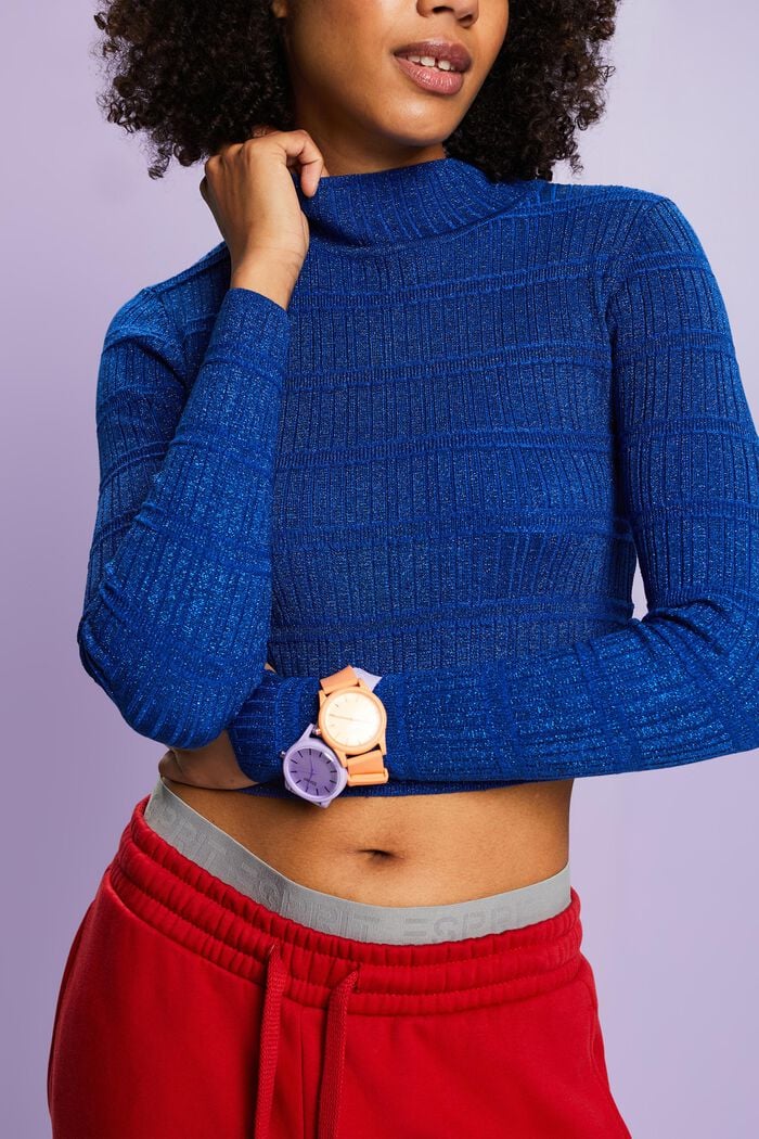 Zkrácený pulovr s přízí lamé a nízkým rolákem, BRIGHT BLUE, detail image number 1