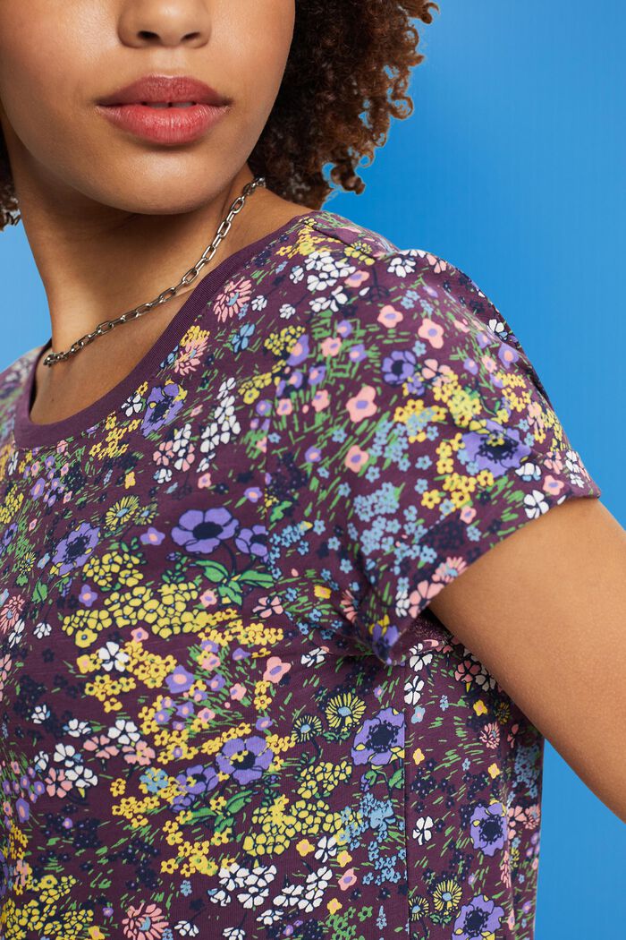Bavlněné tričko s květinovým potiskem, DARK PURPLE, detail image number 2