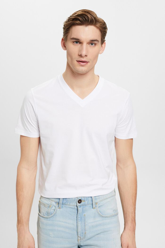 Bavlněné tričko Slim Fit se špičatým výstřihem, WHITE, detail image number 0