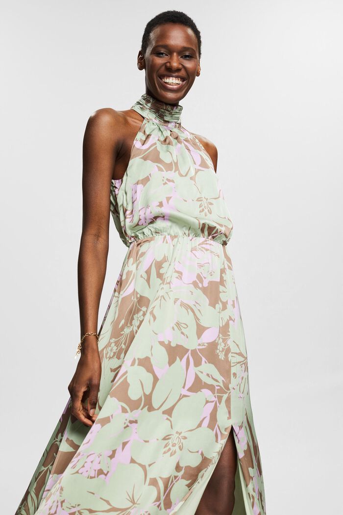 Šaty s výstřihem neckholder, se saténovým vzhledem a květinovým vzorem, PASTEL GREEN, detail image number 7