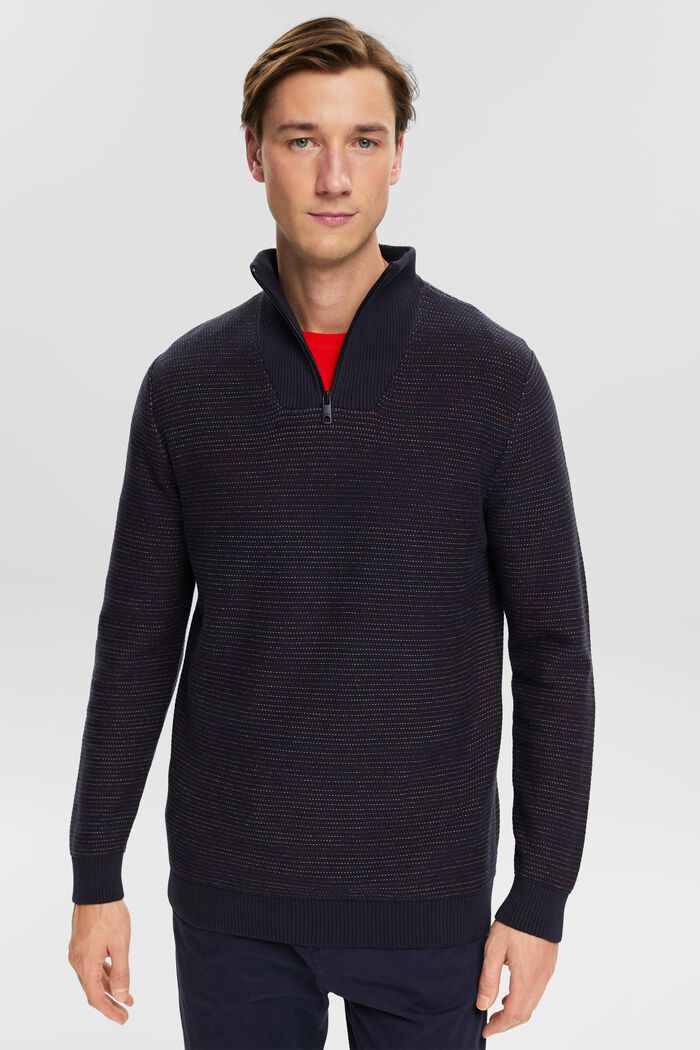 Pletený pulovr s polovičním zipem a proužky, NAVY, detail image number 0