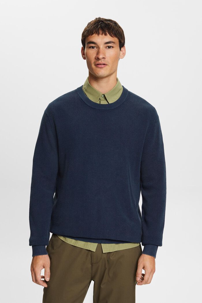 Basic pulovr s kulatým výstřihem, 100 % bavlna, NAVY, detail image number 1