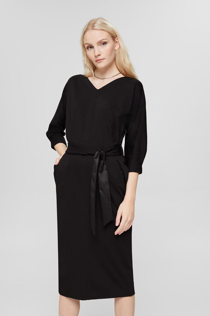 Pletené šaty s přišitým páskem, BLACK, overview