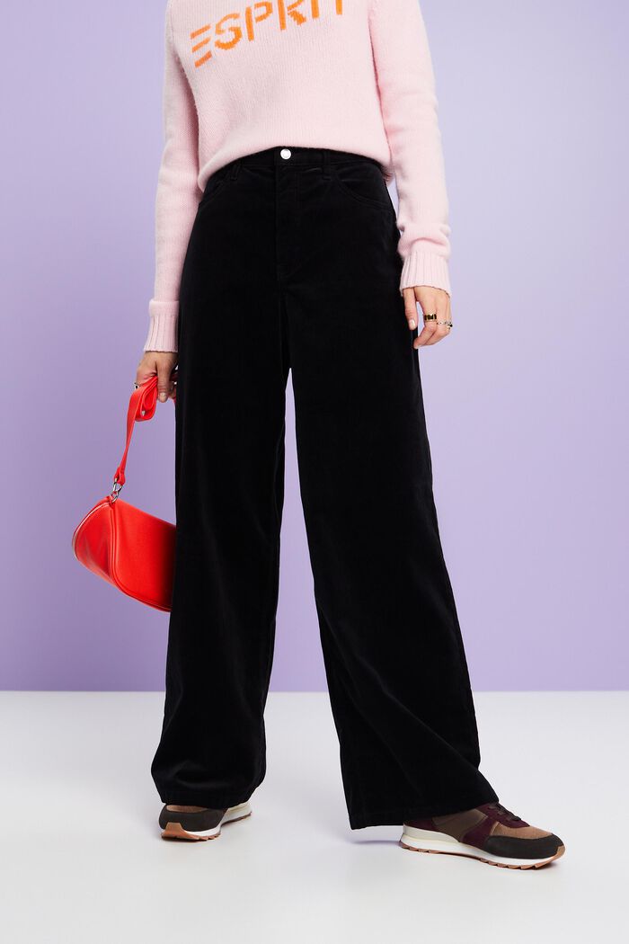 Manšestrové kalhoty se širokými nohavicemi a vysokým pasem, BLACK, detail image number 0