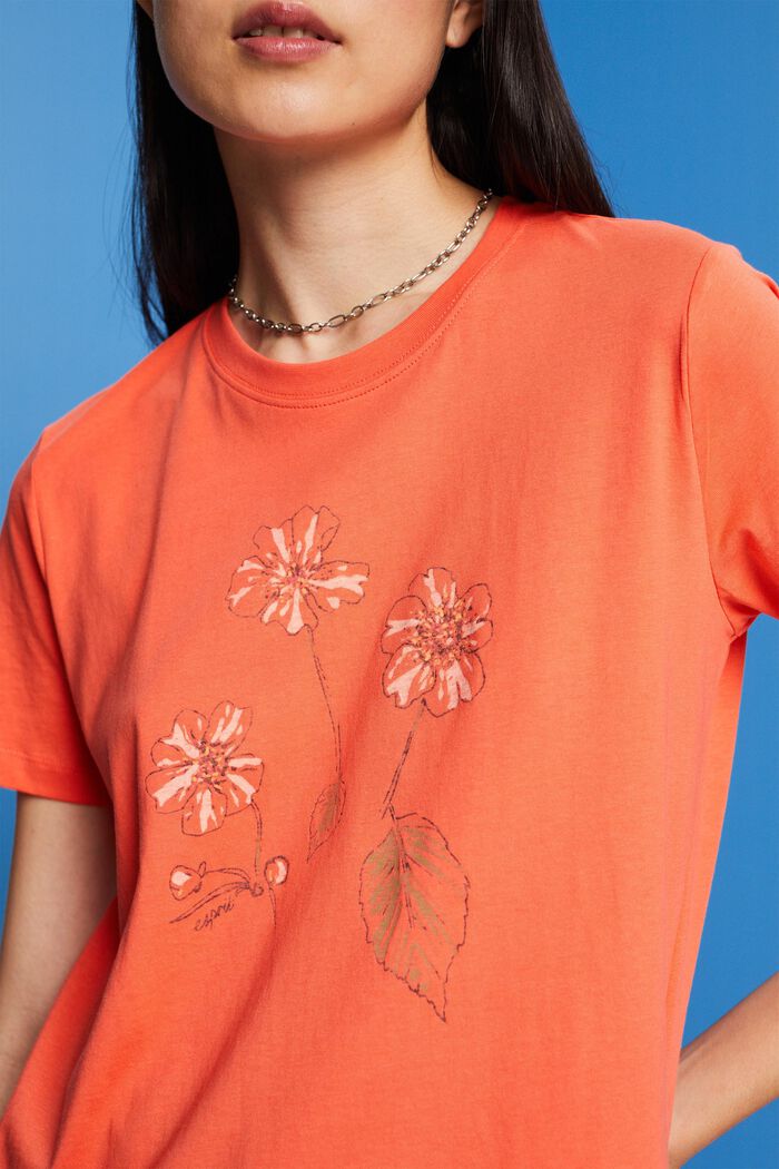 Bavlněné tričko s květinovým potiskem, CORAL ORANGE, detail image number 2