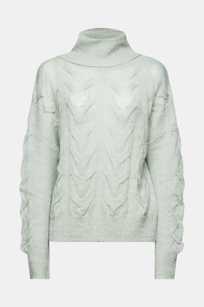 Pletený pulovr s copánkovým vzorem a s nízkým rolákem, LIGHT AQUA GREEN, detail image number 7