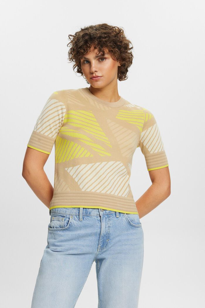 Žakárový pulovr s krátkým rukávem, bio bavlna, SAND, detail image number 0