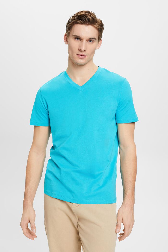 Bavlněné tričko Slim Fit se špičatým výstřihem, AQUA GREEN, detail image number 0