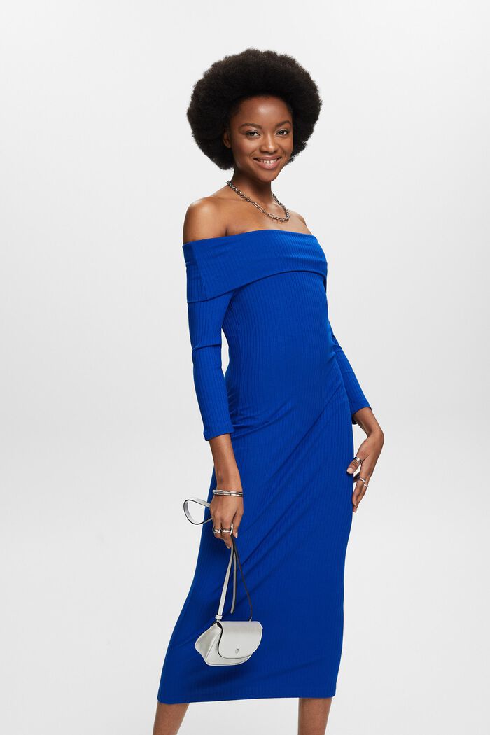 Žebrové midi šaty s odhalenými rameny, BRIGHT BLUE, detail image number 0