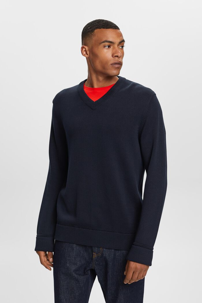 Bavlněný pulovr se špičatým výstřihem, NAVY, detail image number 0