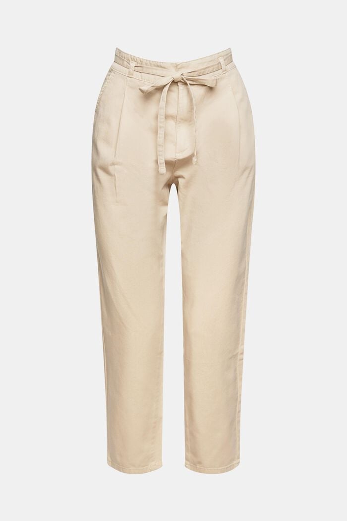 Kalhoty se sklady v pase s opaskem, z bavlny pima, BEIGE, overview