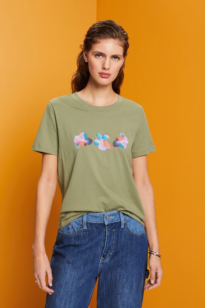 Bavlněné tričko s květinovým potiskem, LIGHT KHAKI, detail image number 0