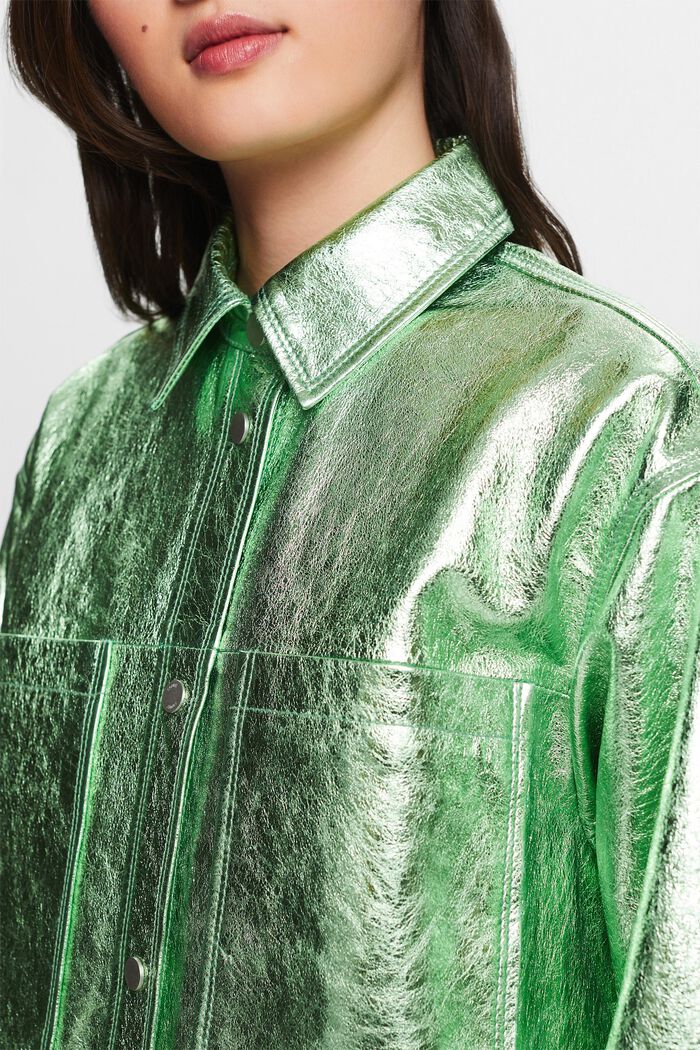 Metalická kožená bunda s povrchovou úpravou, LIGHT AQUA GREEN, detail image number 3