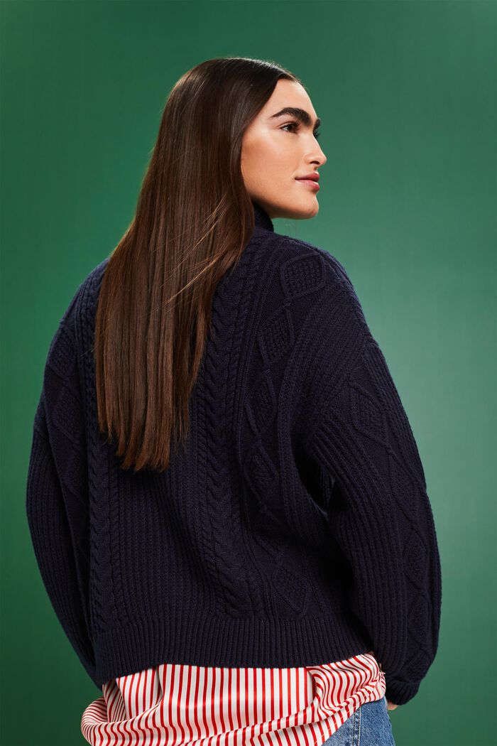 Pletený pulovr s copánkovým vzorem a s nízkým rolákem, NAVY, detail image number 3