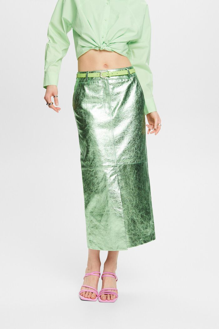 Metalická kožená sukně s povrchovou úpravou, LIGHT AQUA GREEN, detail image number 0