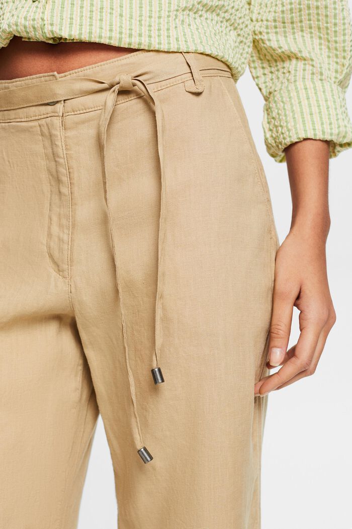 Lněné kalhoty se širokými nohavicemi a opaskem, BEIGE, detail image number 4