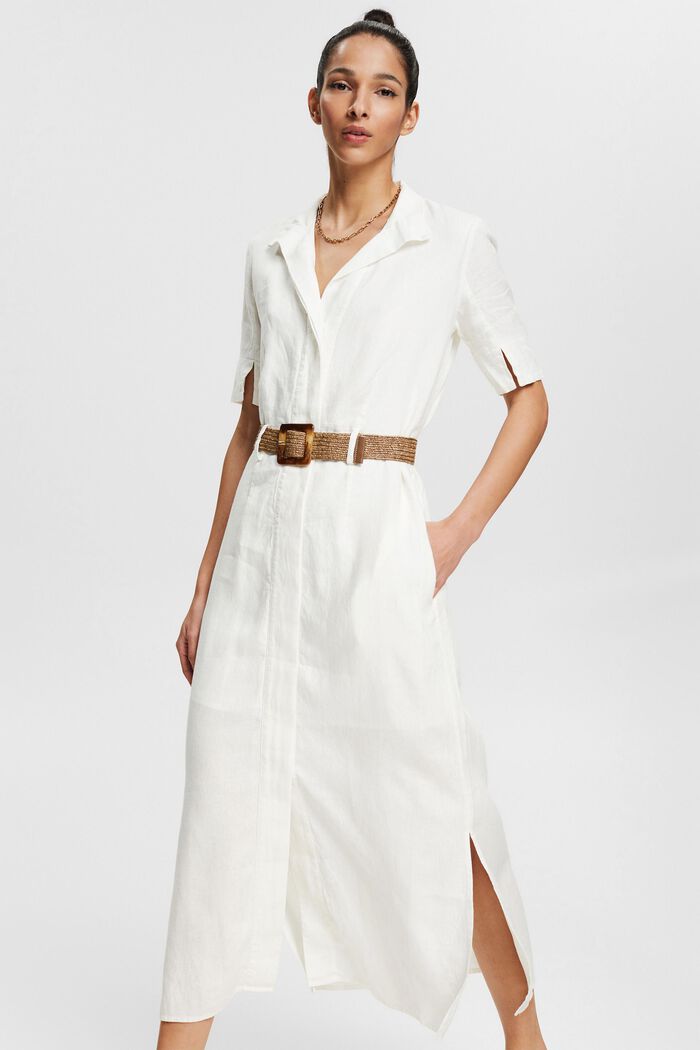 Košilové šaty s páskem ze 100% lnu, WHITE, overview