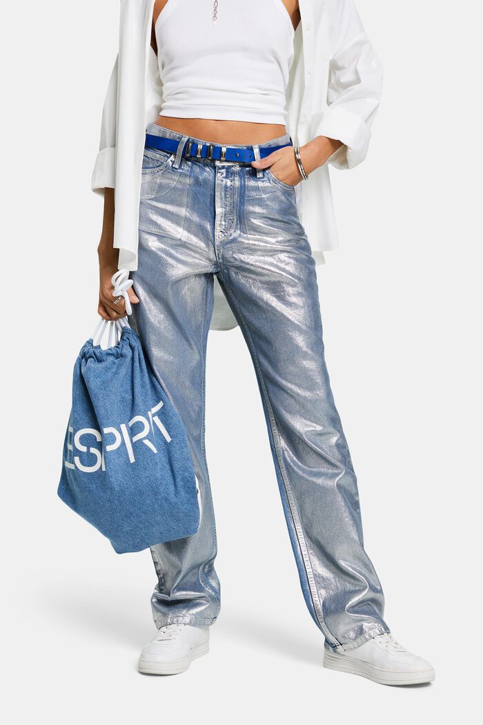 Metalické retro džíny, rovné nohavice a vysoký pas, GREY RINSE, detail image number 0