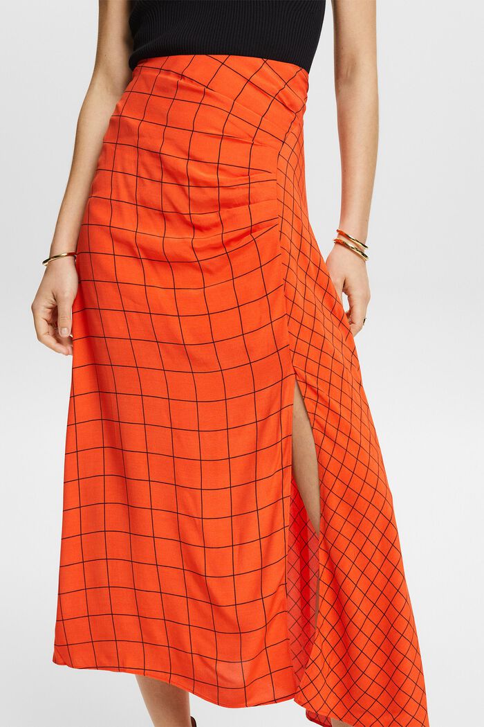 Nabíraná midi sukně s natištěným vzorem mřížky, BRIGHT ORANGE, detail image number 3
