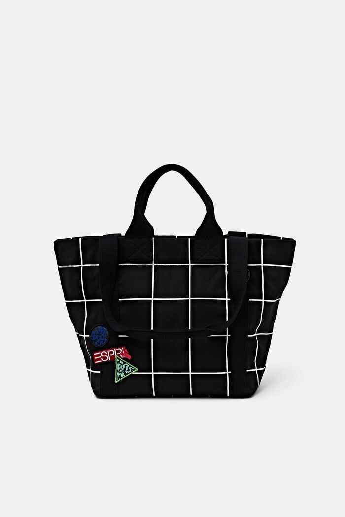 Bavlněná plátěná taška tote s mřížkovaným potiskem, BLACK, detail image number 0
