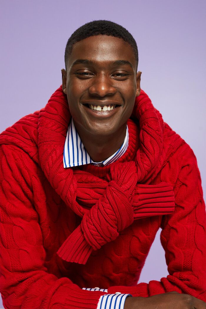 Vlněný pulovr z copánkové pleteniny, DARK RED, detail image number 0
