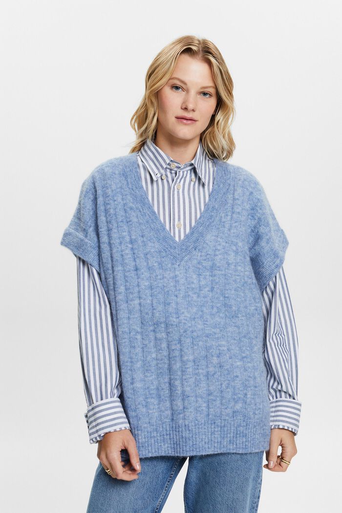 Oversize pulovr z žebrové pleteniny, výstřih do V, BLUE LAVENDER, detail image number 1