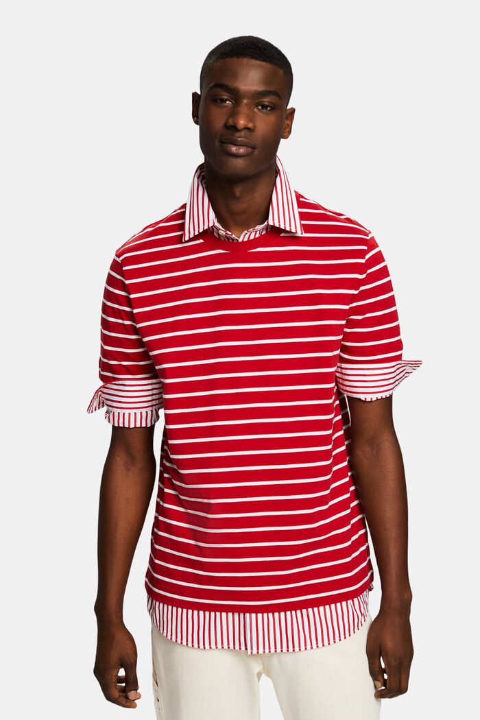 Pruhované tričko z bavlněného žerzeje, DARK RED, detail image number 0