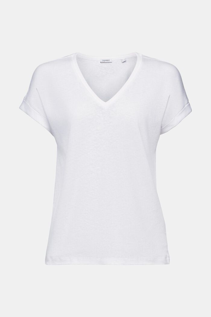 Tričko z bavlny a lnu se špičatým výstřihem, WHITE, detail image number 5