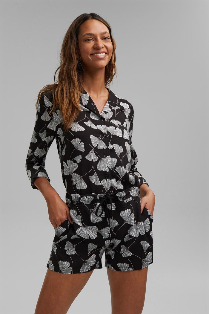 Pyžamové šortky s potiskem lístků ginkgo, LENZING™ ECOVERO™, BLACK, detail image number 0
