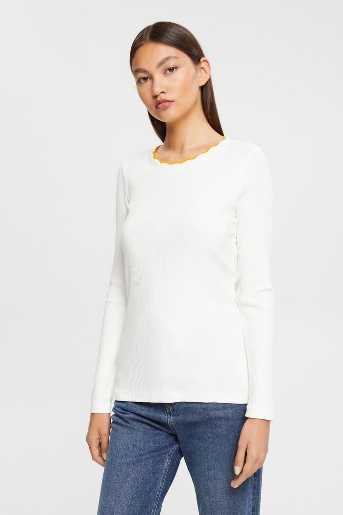 Žebrované tričko s dlouhým rukávem, strečová bavlna, OFF WHITE, detail image number 0