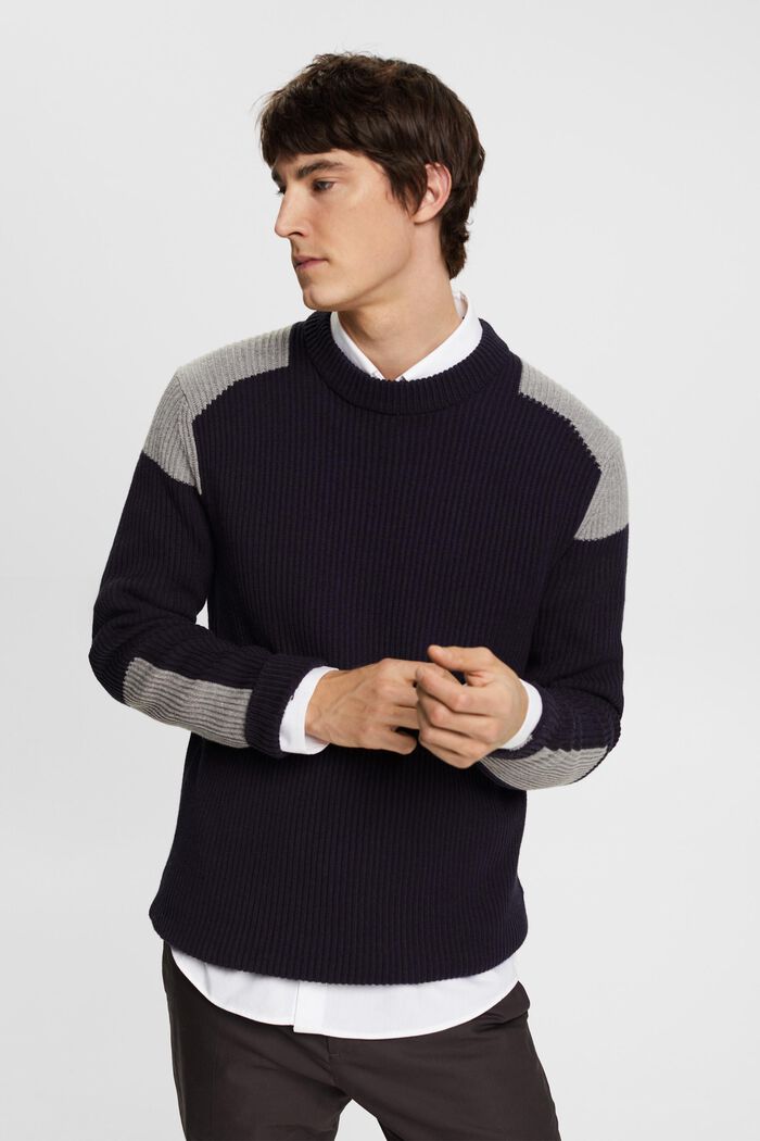 Žebrovaný pulovr s detaily barevných bloků, NAVY, detail image number 0