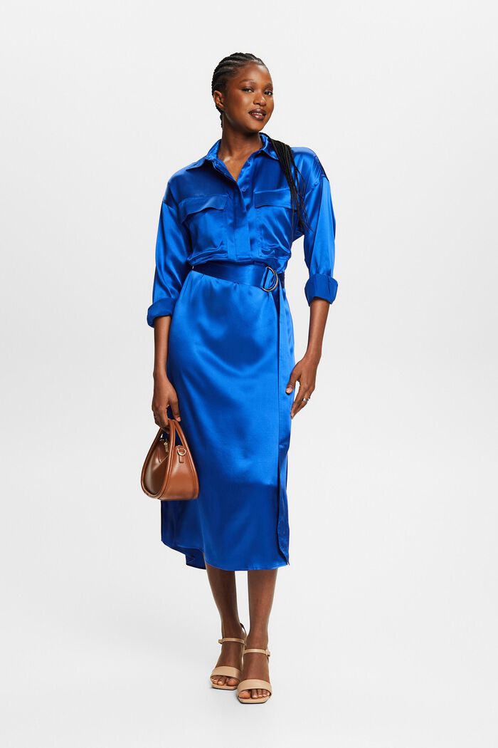 Hedvábné saténové midi šaty s opaskem, BRIGHT BLUE, detail image number 4