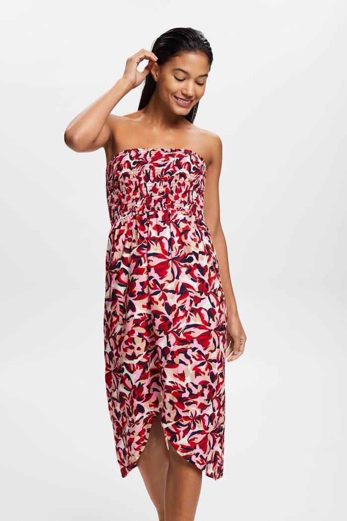 Řasené tubusové midi šaty s květovaným vzorem, DARK RED, detail image number 0