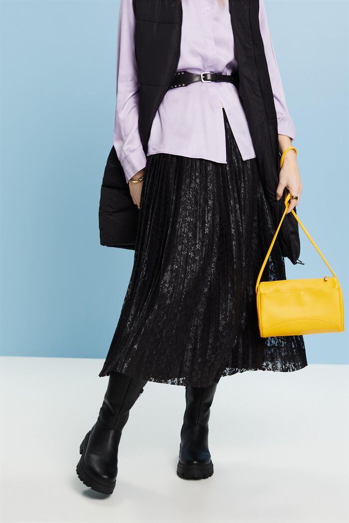 Plisovaná midi sukně s krajkou, BLACK, detail image number 0